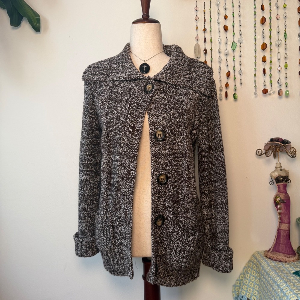 Style & Co Brown Marled Chunky Knit Button Front Cardigan Sweater Shawl Collar S